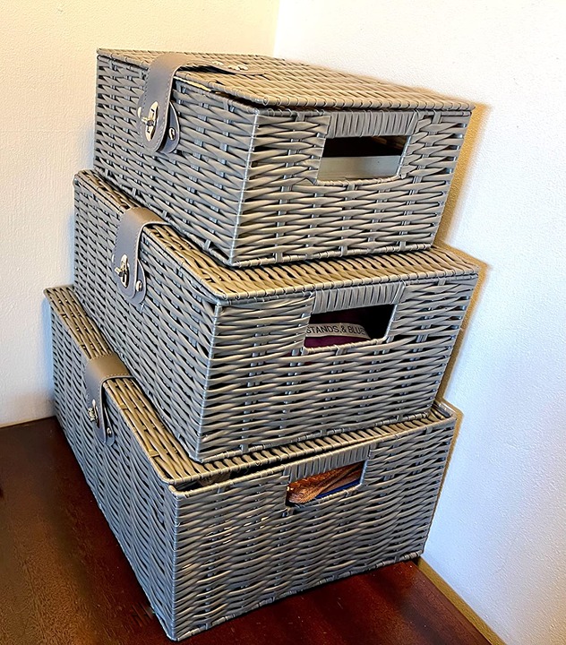 Set of 3 Woven Storage Basket Bin Wicker Hamper Stackable Box with Lid & Lock