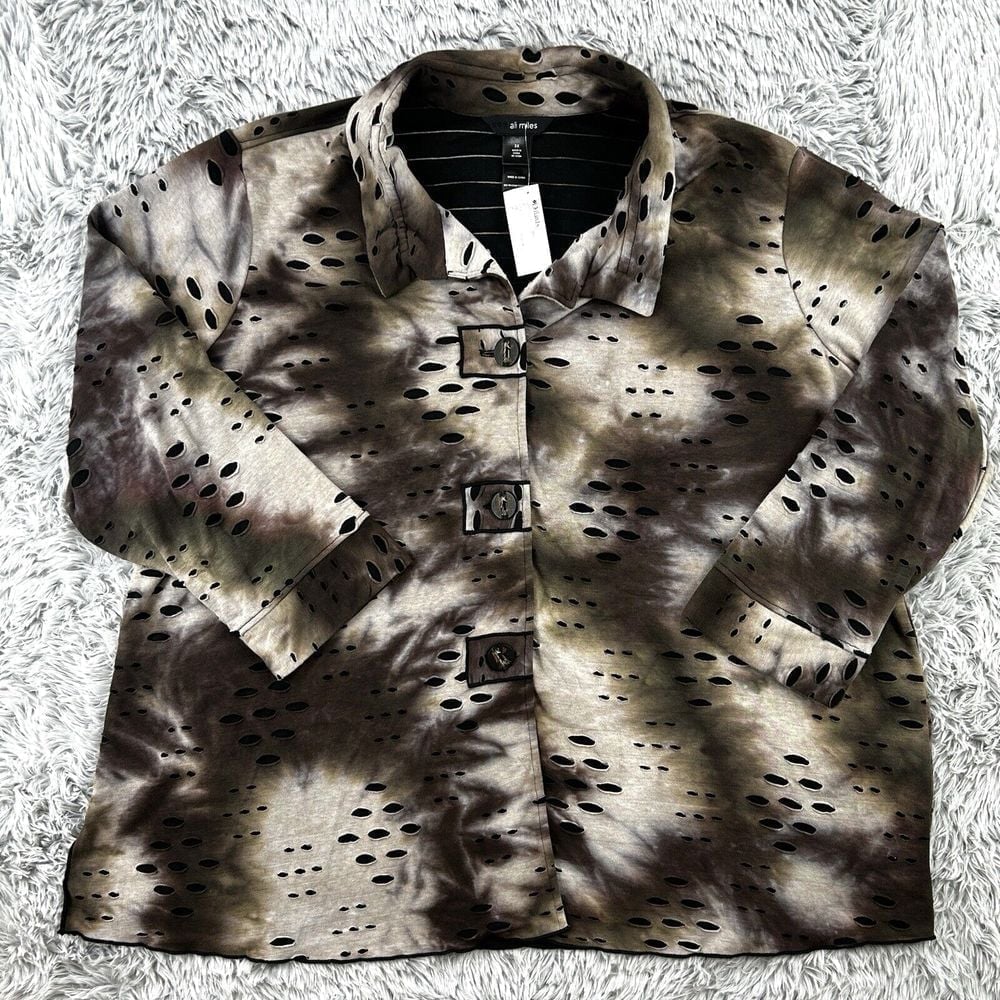 Ali Miles Top Women's 3X Gray Button Up Goth Grunge Angels Wings Tie Dye NWT