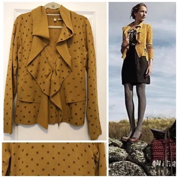 Anthropologie Moth Van Wrinkle Ruffle Neck Yellow Wool Polka Dot Cardigan Size L