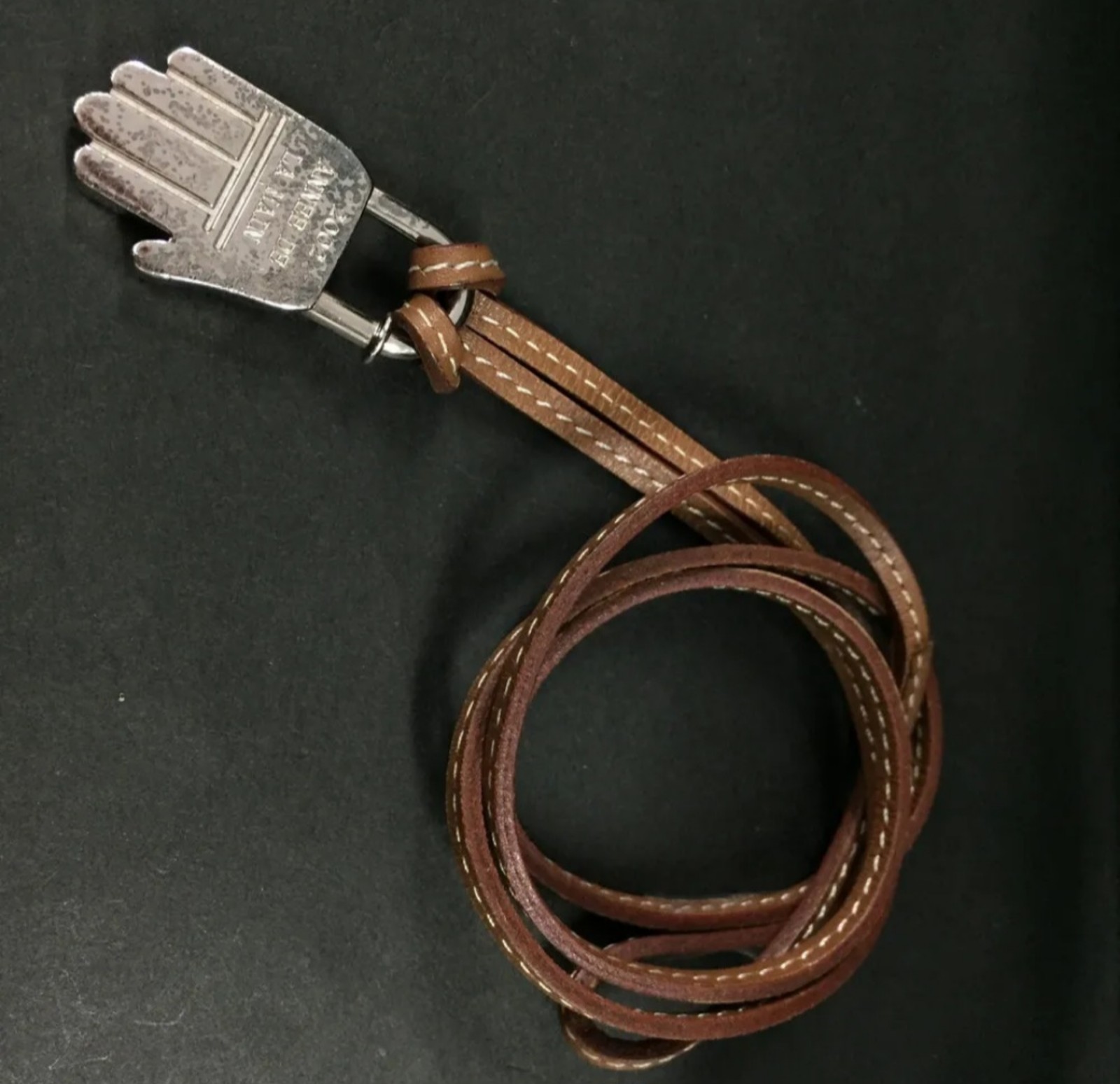 HERMES Hand Motif Cadena Silver Tone Leather Necklace /8Q0040