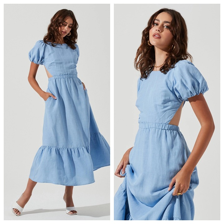 ASTR THE LABEL Jelena Viscose Cutout Puff Sleeved Dress Blue