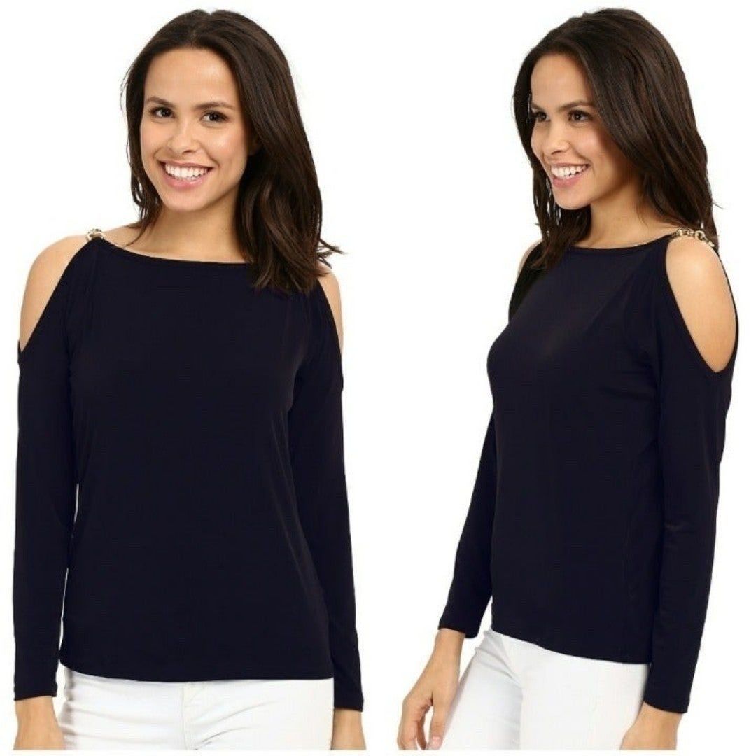 New! MICHAEL KORS Women's Chain Cold Shoulder Top Blouse Navy Blue Size Medium