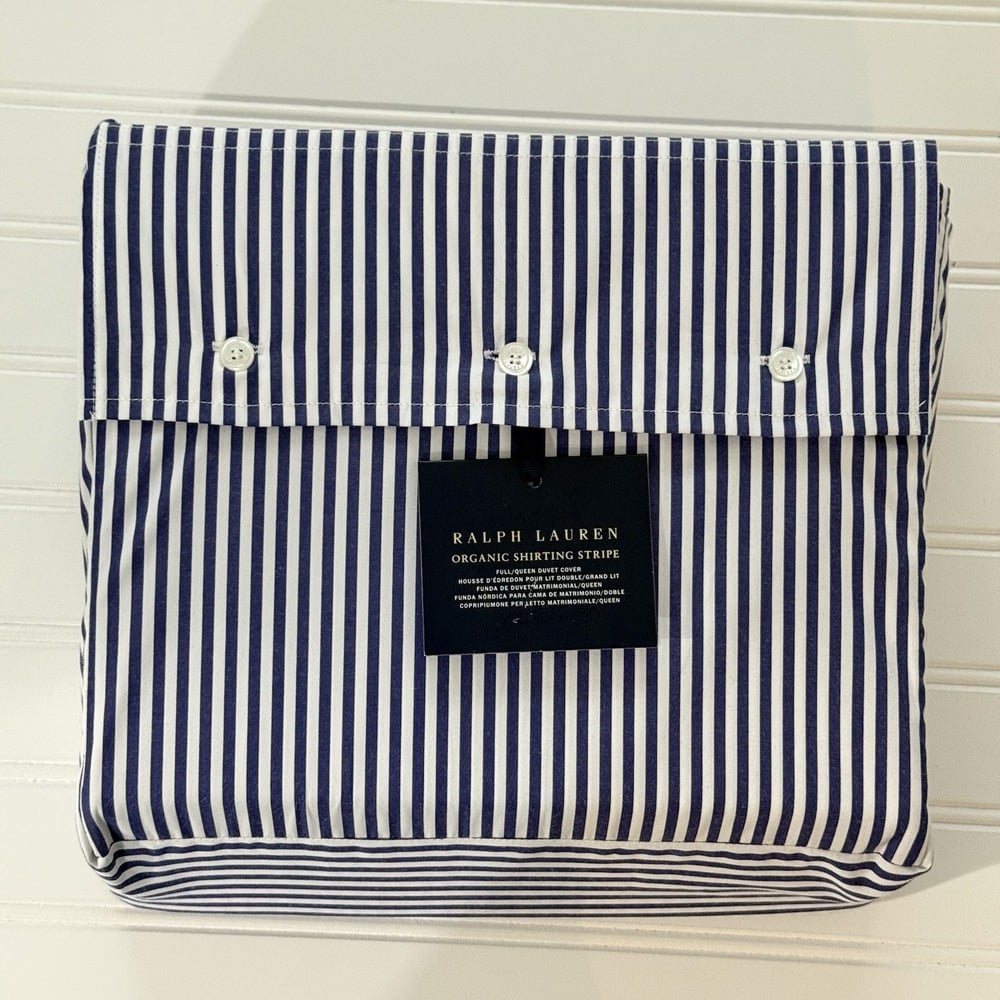 Ralph Lauren Organic Shirting Stripe QUEEN Duvet Cover Navy Blue White NWT 400