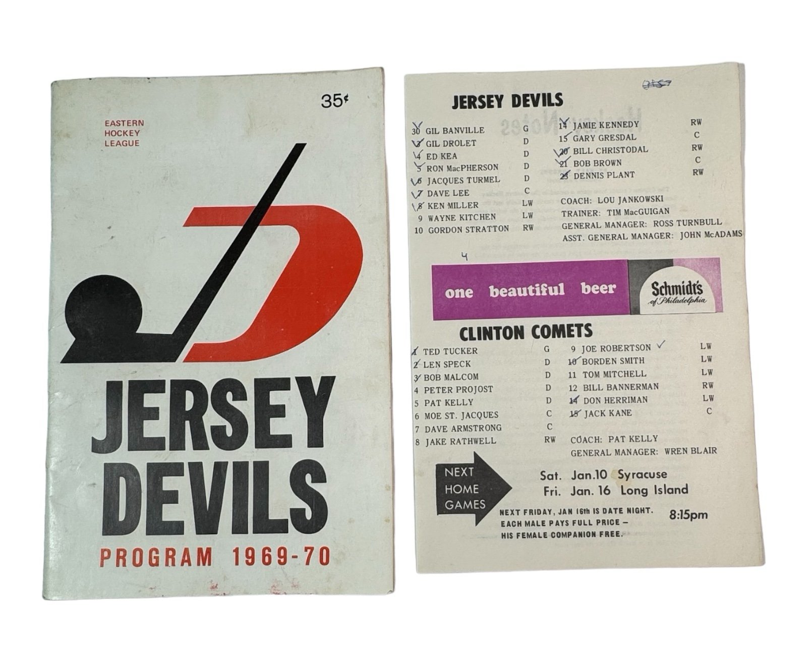 Vintage JERSEY DEVILS HOCKEY PROGRAM Vs CLINTON COMETS 1969-70 Season Read Desc