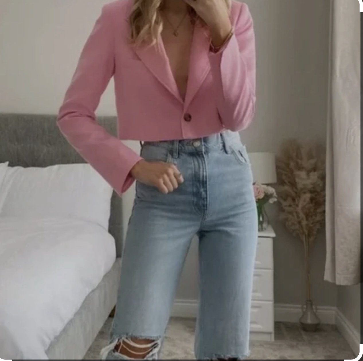 Zara topstitched cropped blazer small bubble gum
