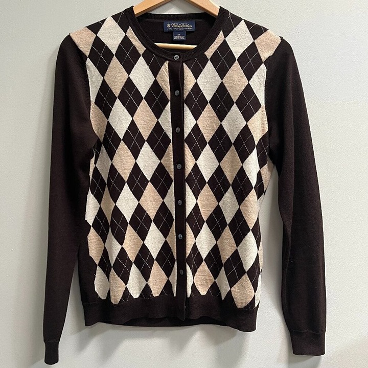 Brooks Brothers Women's Italian Merino Wool Brown Argyle Cardigan Size Medium