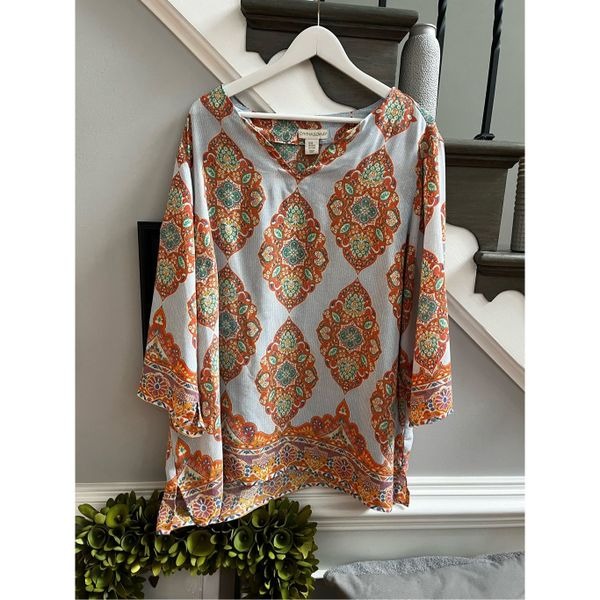 Cynthia Rowley Light Blue & Orange Indian Print Tunic Top sz 3X EUC