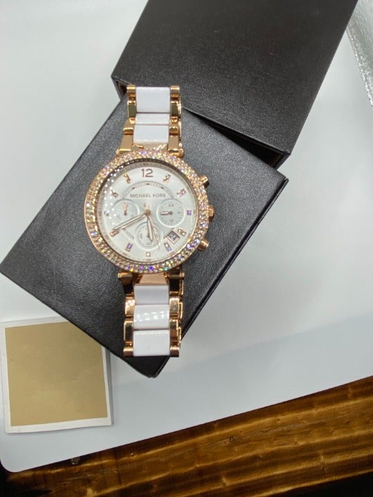 MICHAEL KORS Parker Rose Gold-Tone White Acetate Watch