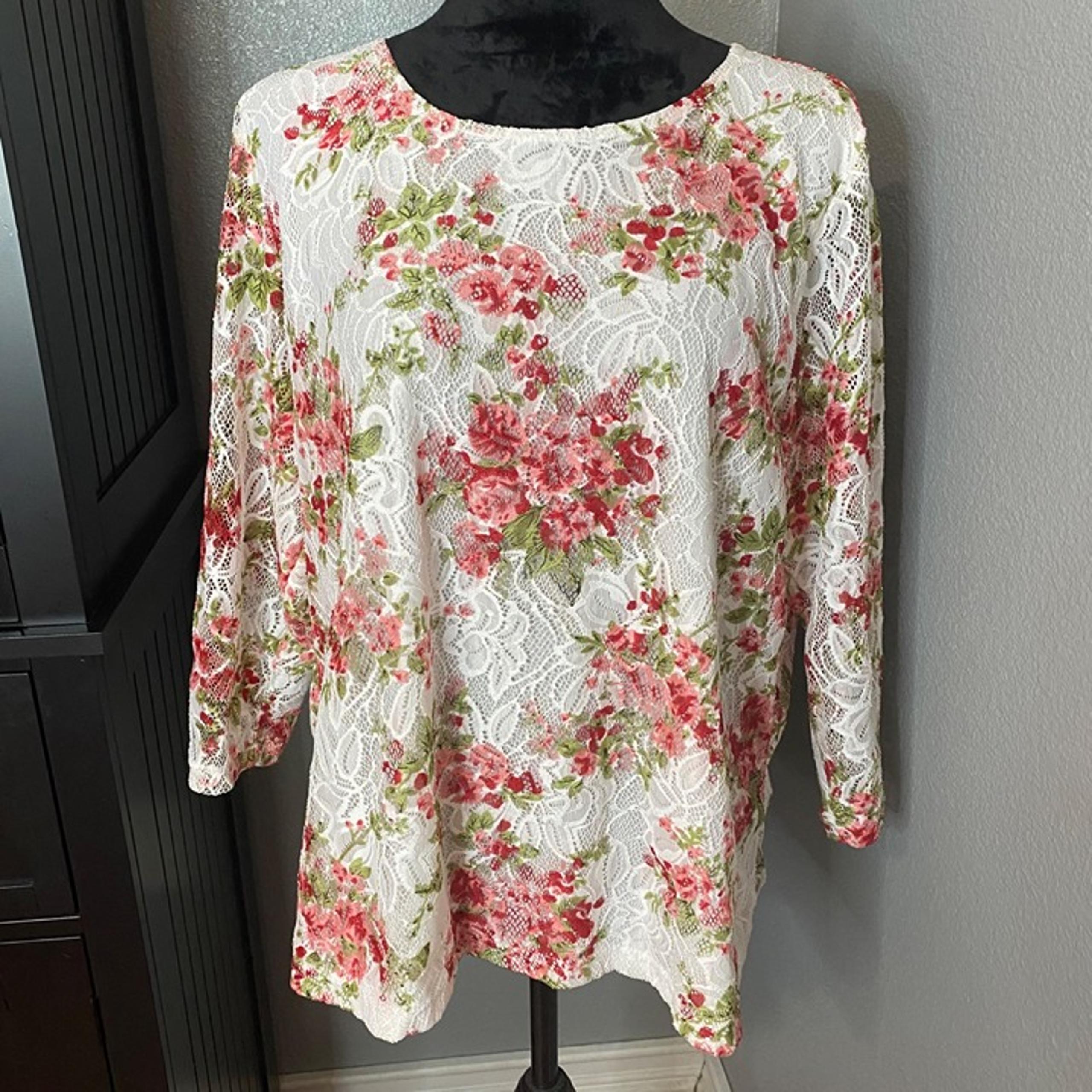 Cathy Daniels Blouse XL Floral Lace Top White Pink Chic Romantic Cottagecore