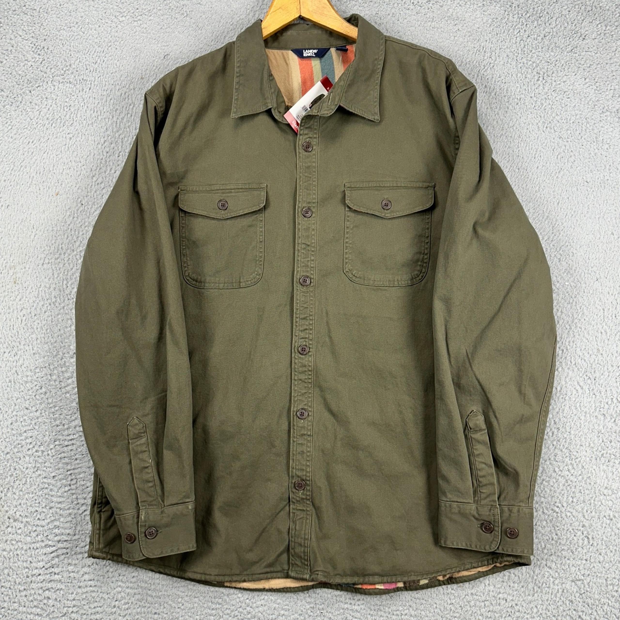 Lands End Mens Shacket Shirt XL Olive Green Canvas Lined Button Up Pocket NEW