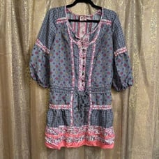 Vintage 2000s Juicy Couture Floral Pink Blue Gray Mini Dress Silk Size 6