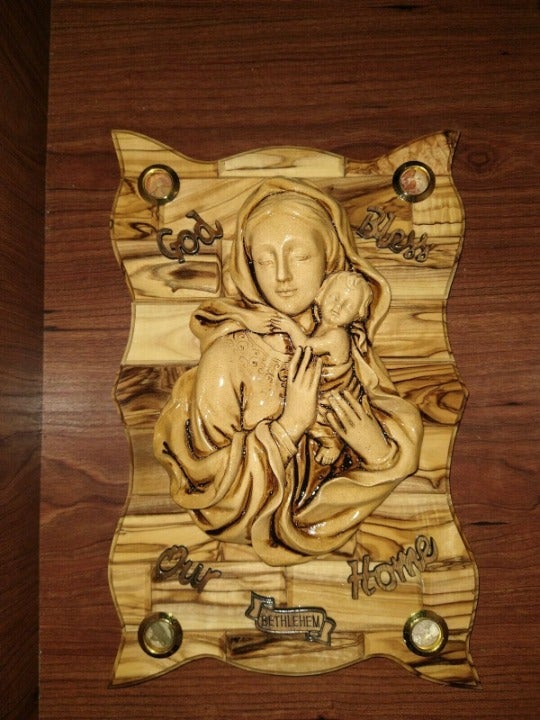 olive wood Mary and Jesus Hanging on the wall God bless our home 10x6.5 inch