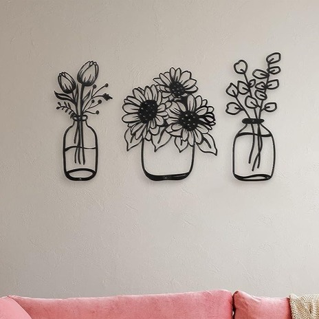 3 Pieces Metal Flower Wall Decor Minimalist Vase Wall Art Black Tulip