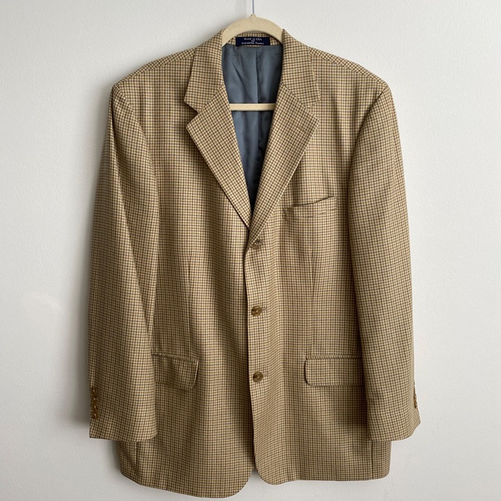 Lands' End Mens Houndstooth Blazer Size 42R Tan Gray Silk & Wool Blend 3 Button