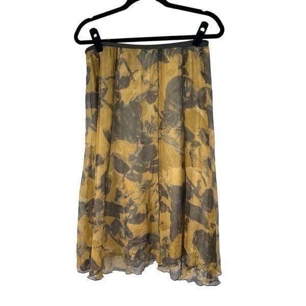 Nic+Zoe Yellow Gray Floral 100% Silk Knee Length Skirt Sz 10 Women’s