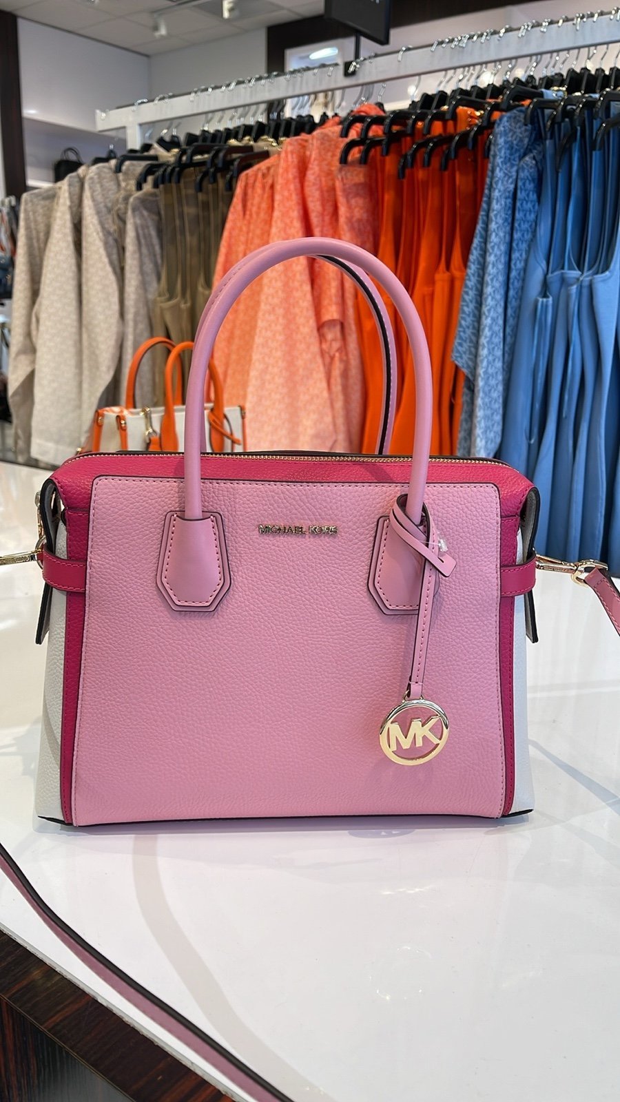 Michael Kors Mercer Medium Top Sip Color-Block Belted Satchel Crossbody Purse MK