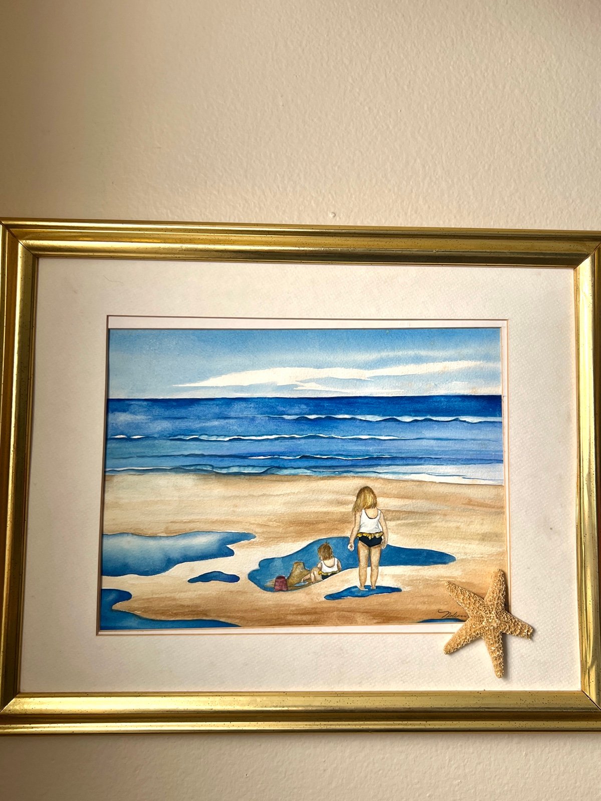Kids at The Beach Watercolor Painting Nursery Art Sigend by Artist