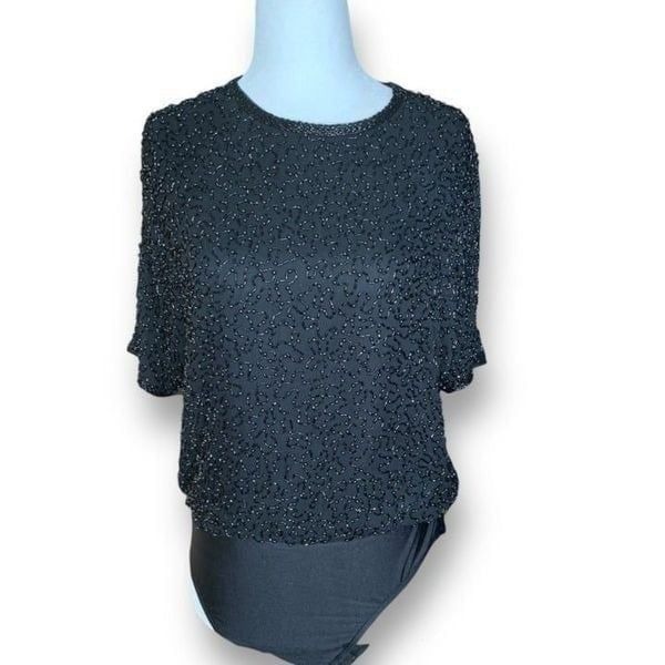 Vintage Black Tie Oleg Cassini Bodysuit Black Silk Abstract Beaded Short Sleeve