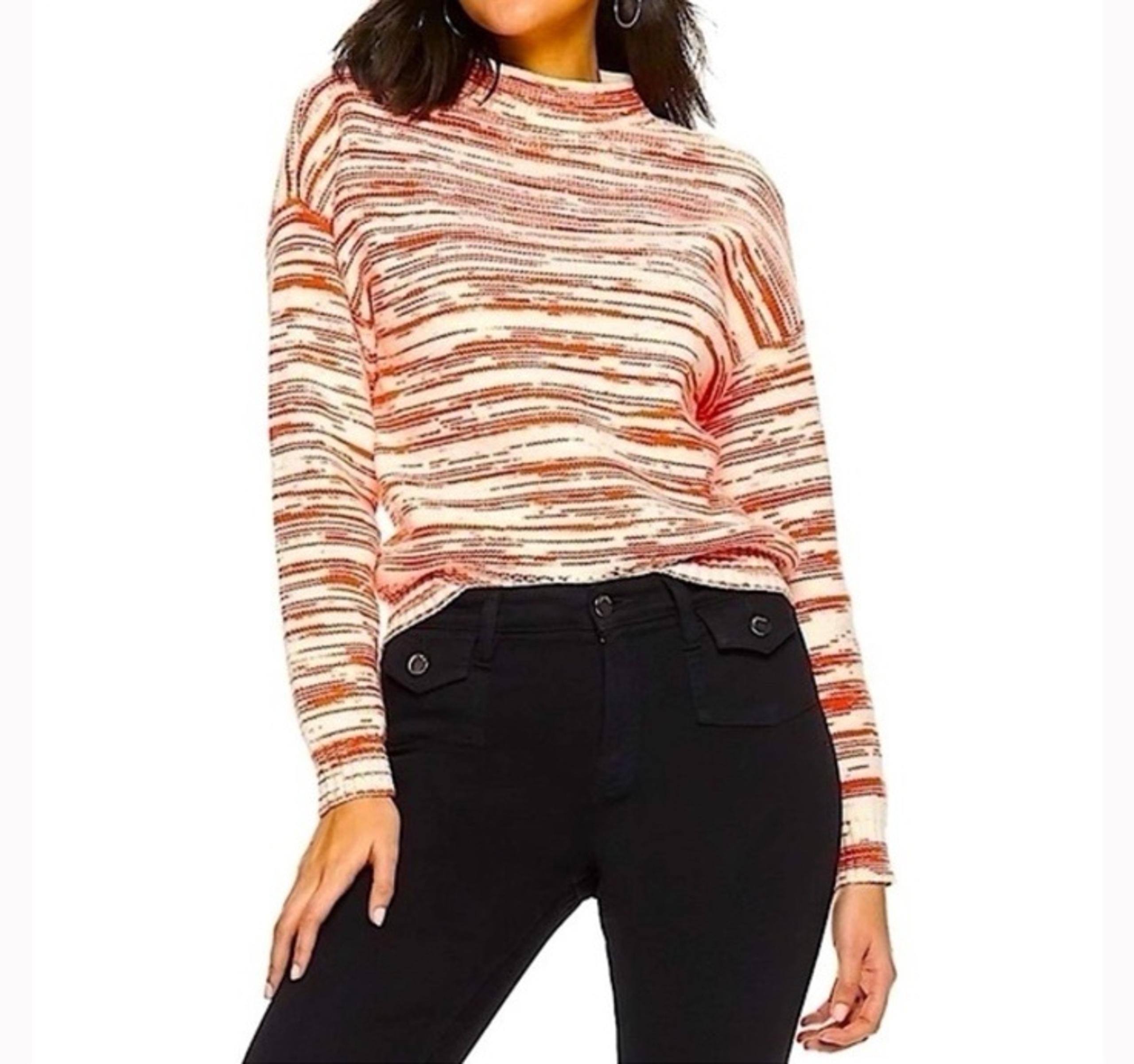 Nine West Mock Neck Orange & White Striped Knit Cozy Long Sleeve Sweater Size S