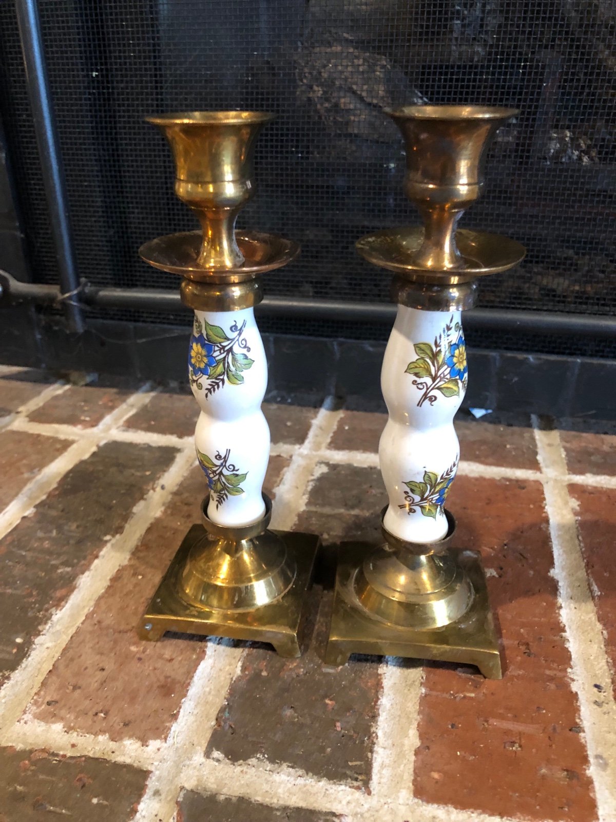 adorable vintage gold brass and porcelain floral candlestick holders 7.5” tall e
