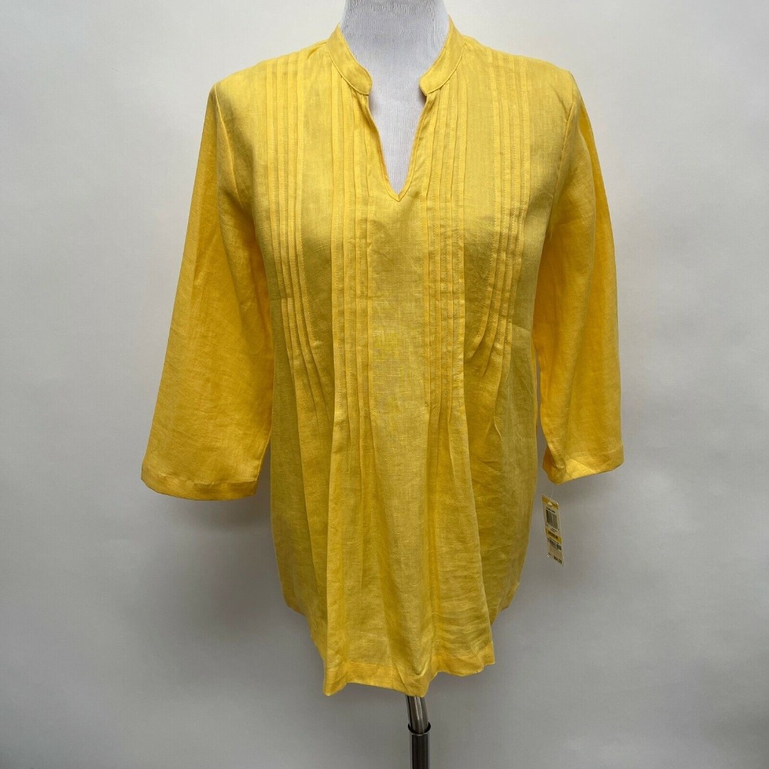 Charter Club Luxury Women's Top Size Medium Yellow 100% Linen Pleated NWT