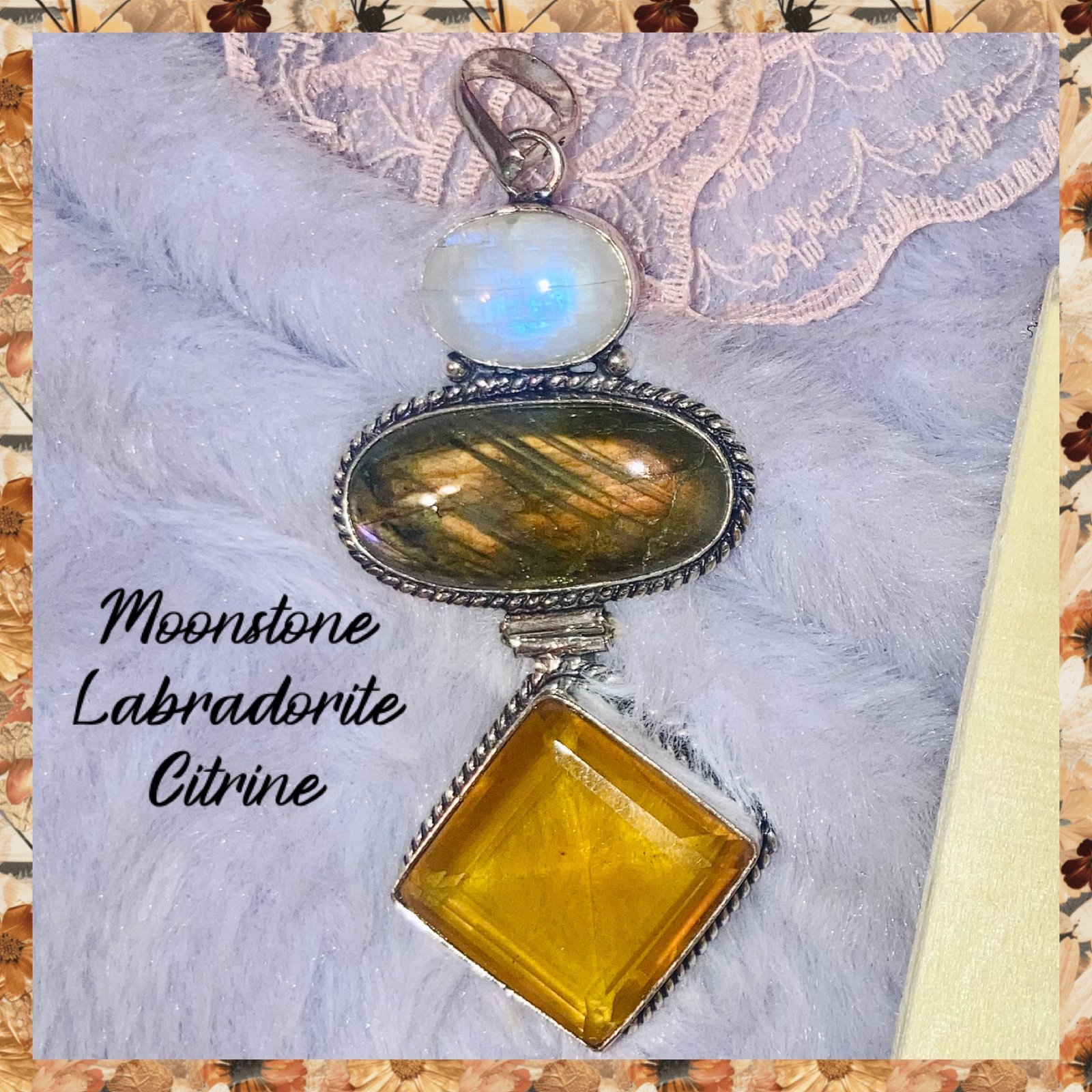 Labradorite Rainbow Moonstone Citrine 3 Gemstone Handmade Pendant Necklace