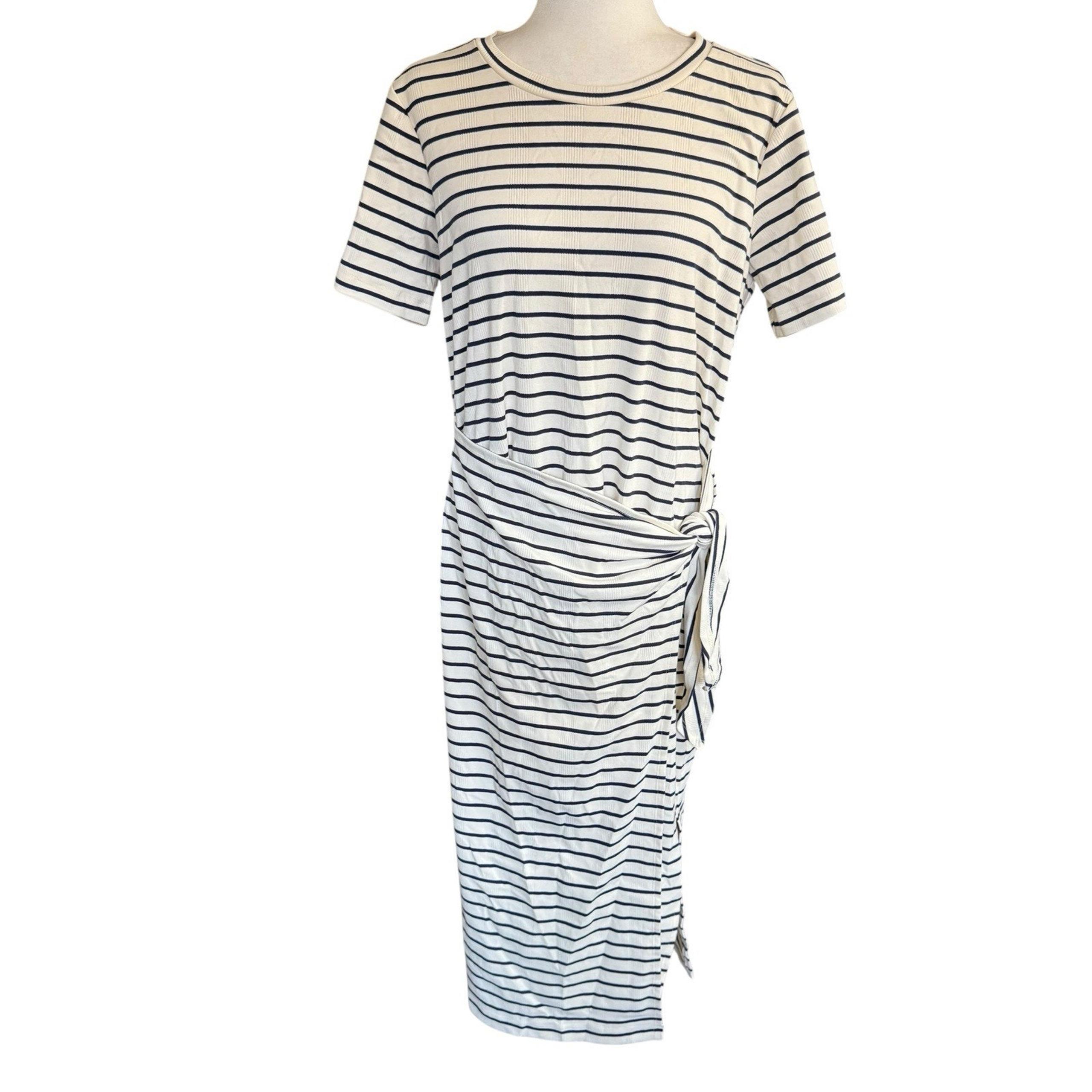 Evereve Cassie Dress Ivory Navy Stripes Faux Wrap XL Sailorchic Fishermancore