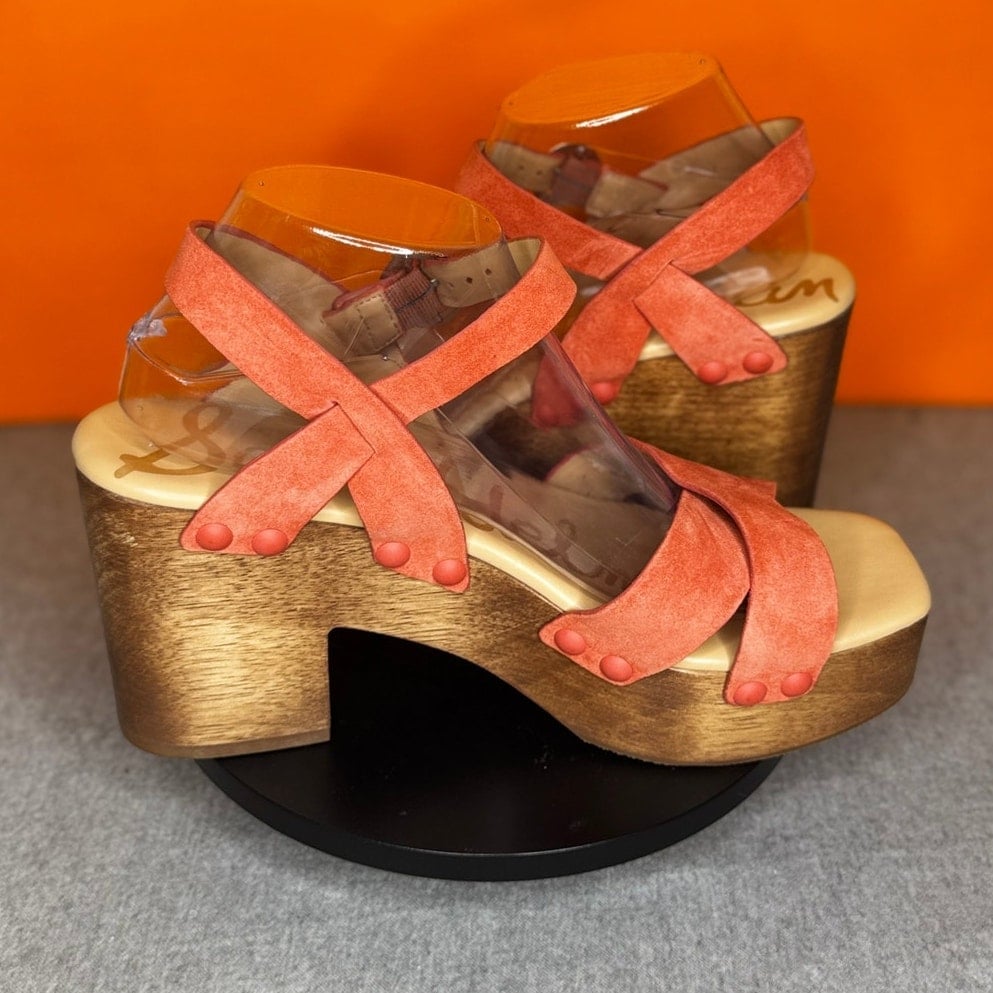 Sam Edelman Josefine Coral Pink Wood Block Chunky Heel Size 9 EU 39