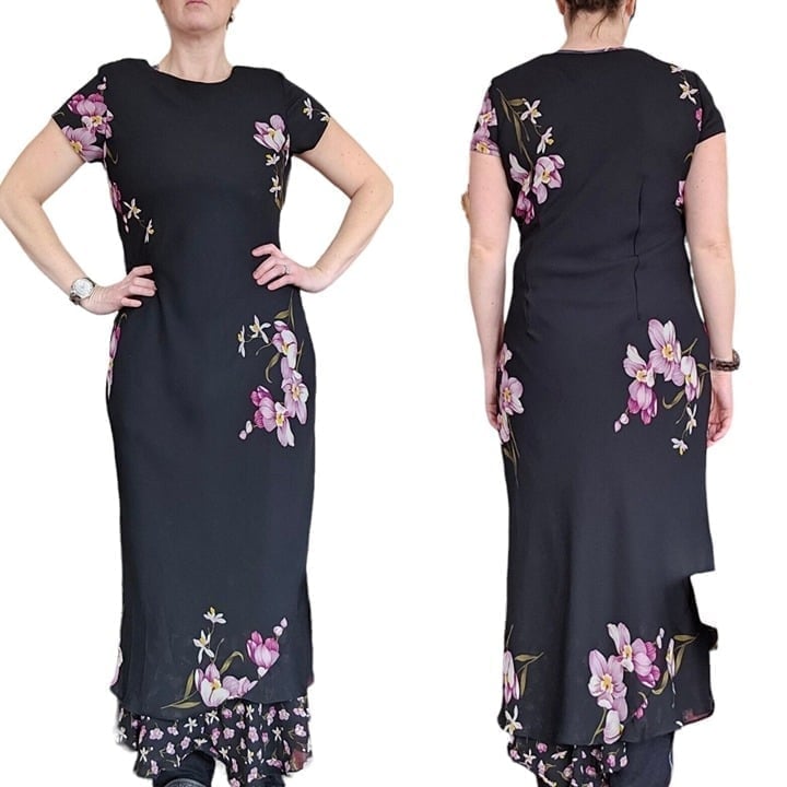 90s Black Pink Floral Maxi Dress Layered Ruffles 6 Romantic Flowy Vintage Retro