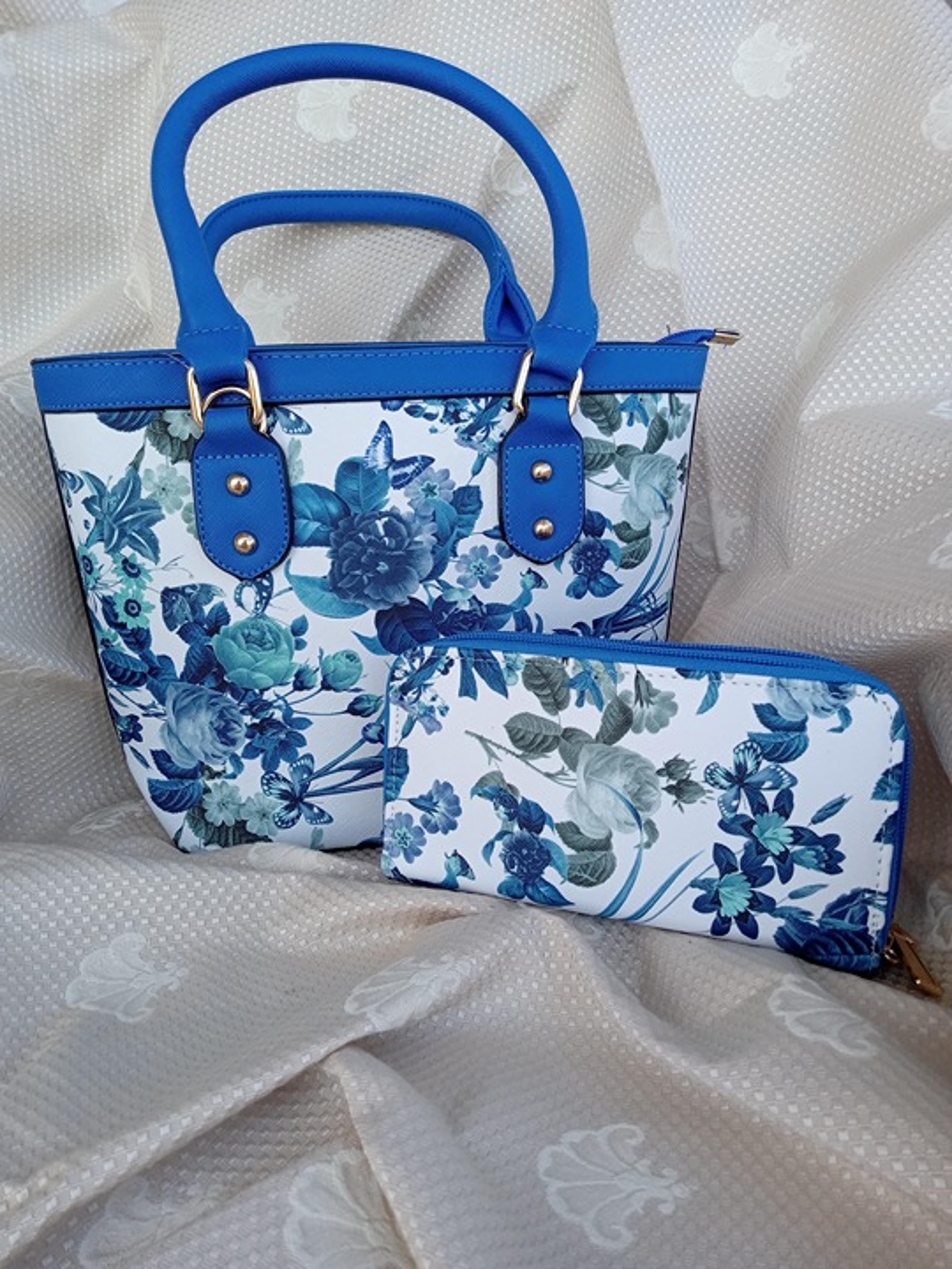 Satchel Handbag and matching wallet -Two Pieces -White with Blue Floral Print