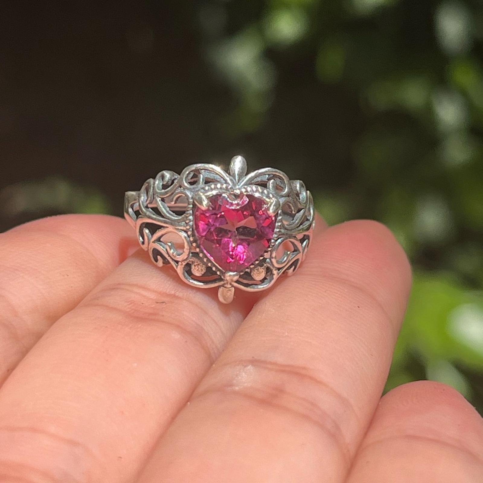 Sterling silver adjustable pink topaz heart‎ ring