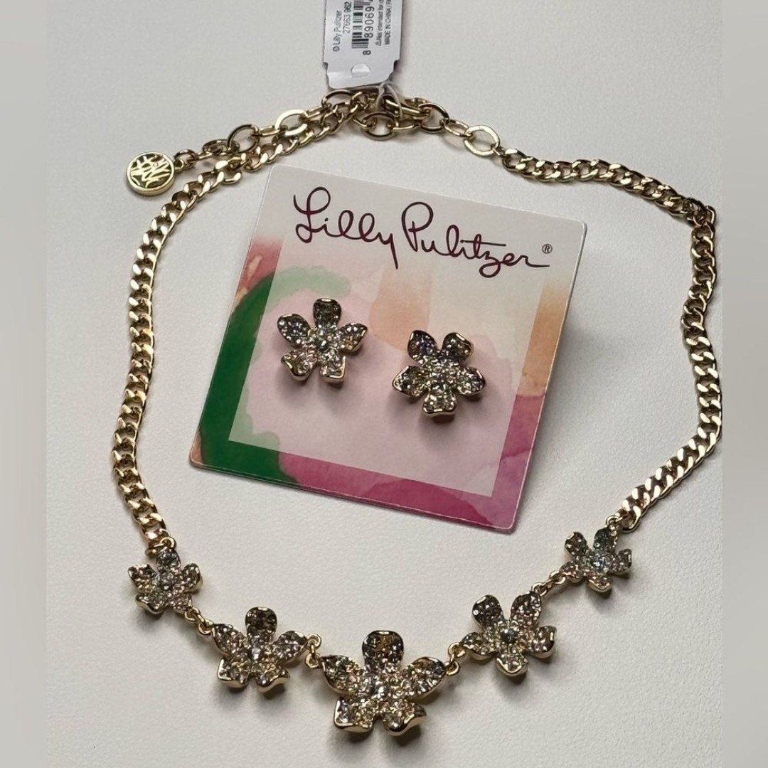 Lilly Pulitzer Gold Floral Necklace and Earring Set with Crystal Accents
