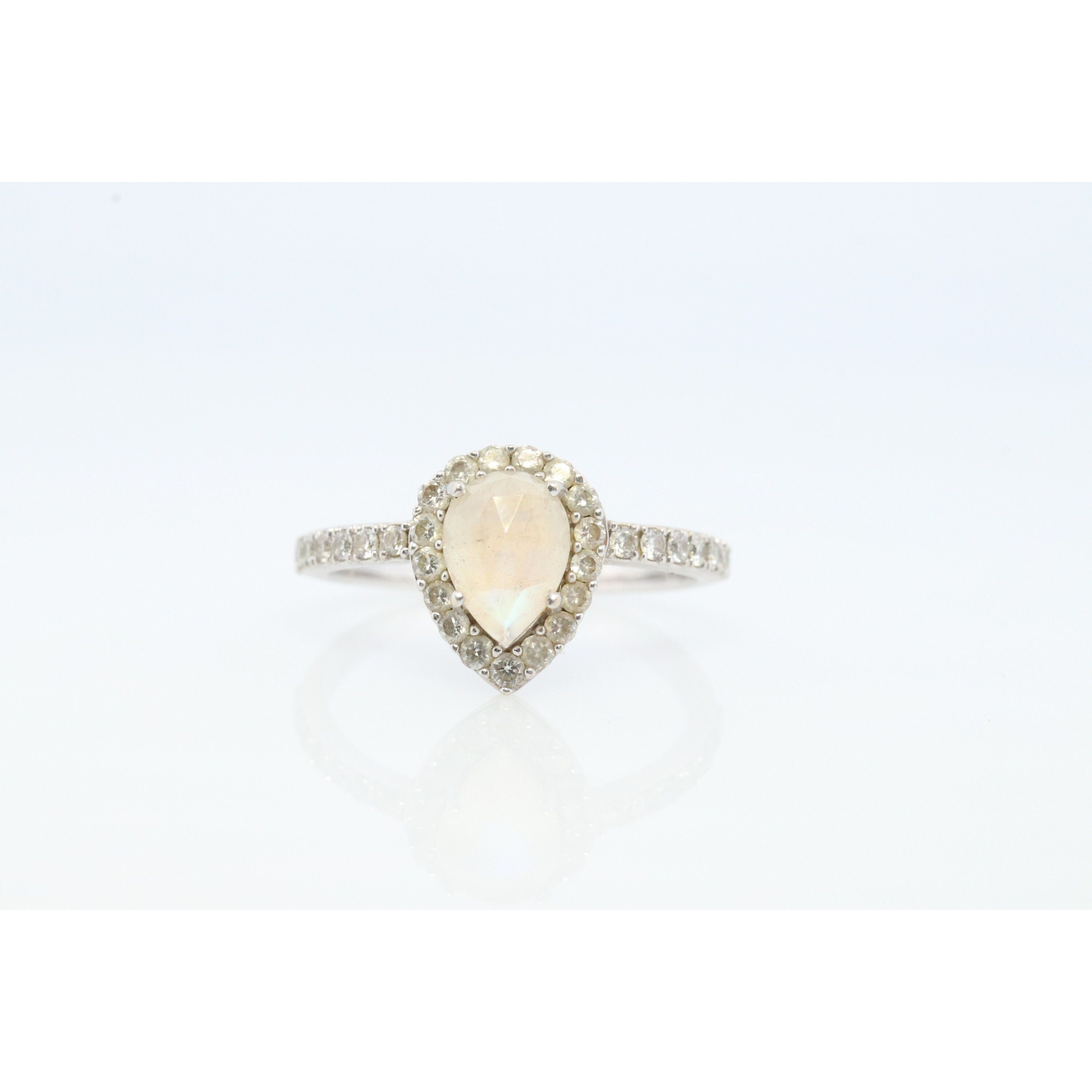 14k Moonstone Diamond Halo ring. Pear Rainbow Moonstone set with Diamonds. Diam