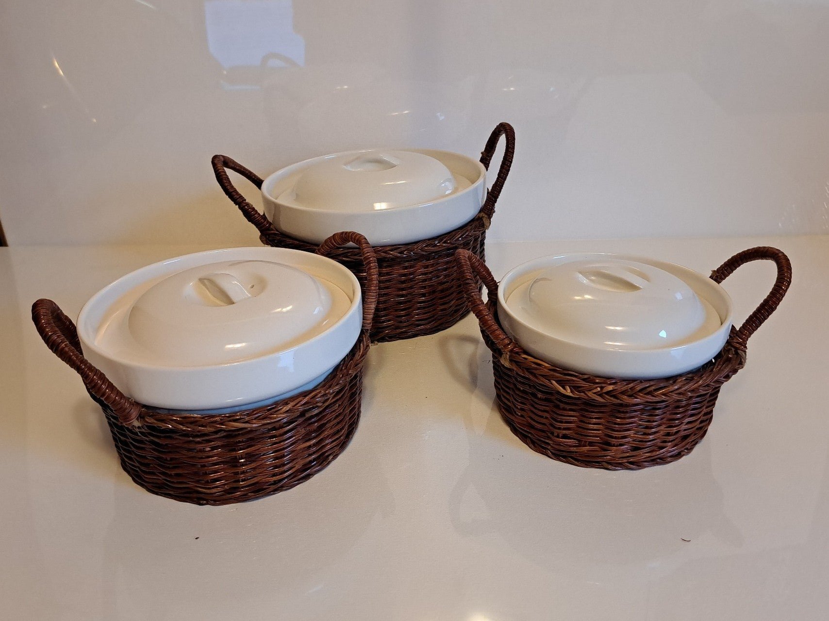 3 Porcelain Serving Dishes w/ Wicker Baskets