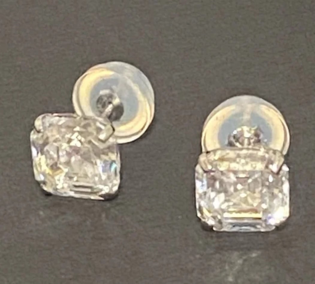 14K Gold Asscher Cut White Topaz Stud Earrings