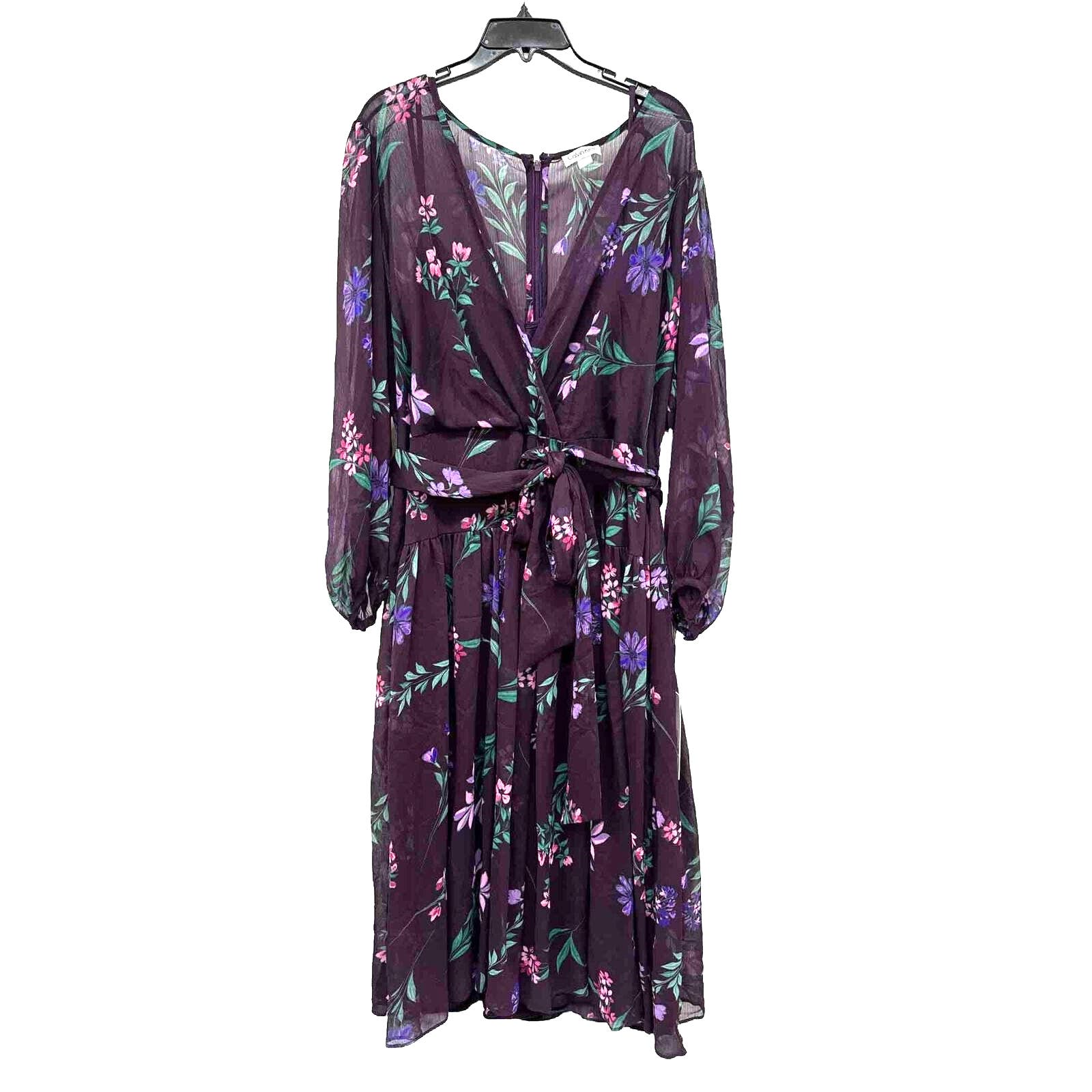 NWT Sz 22 Calvin Klein Wine, Purple, Pink, Green, Floral Maxi Dress. Belted.