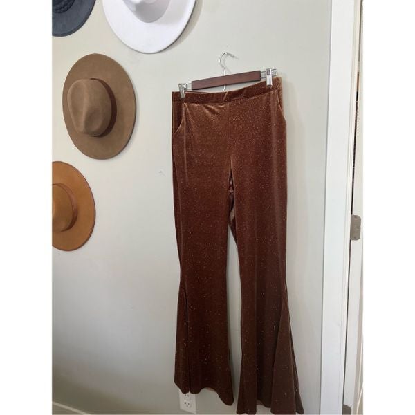 Jade By Jane Women's Brown Corduroy Sparkly Pull-On Bootcut Flare Pants Size L