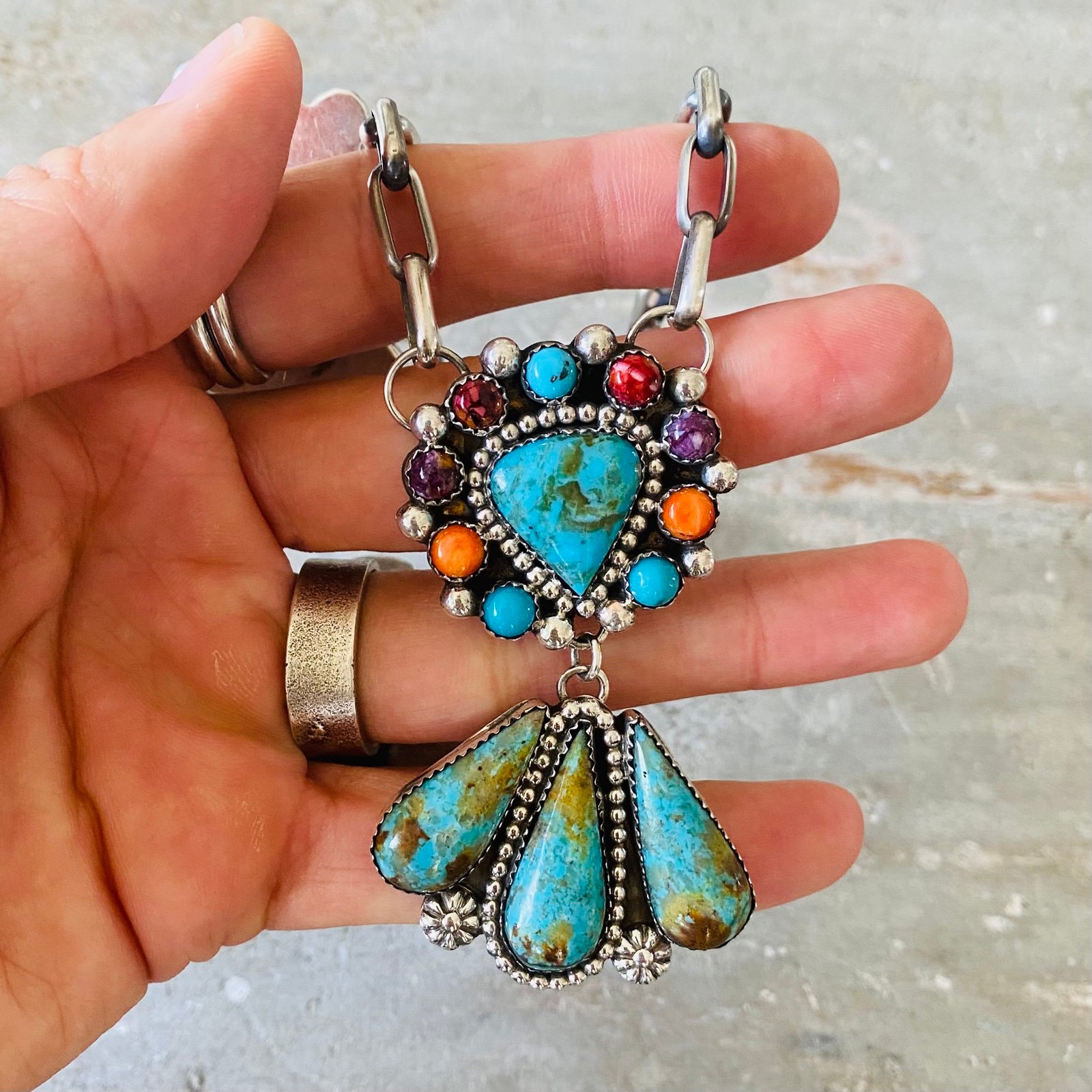 Navajo Lorenzo and Jerilyn Chee Sterling Silver Fiesta Necklace