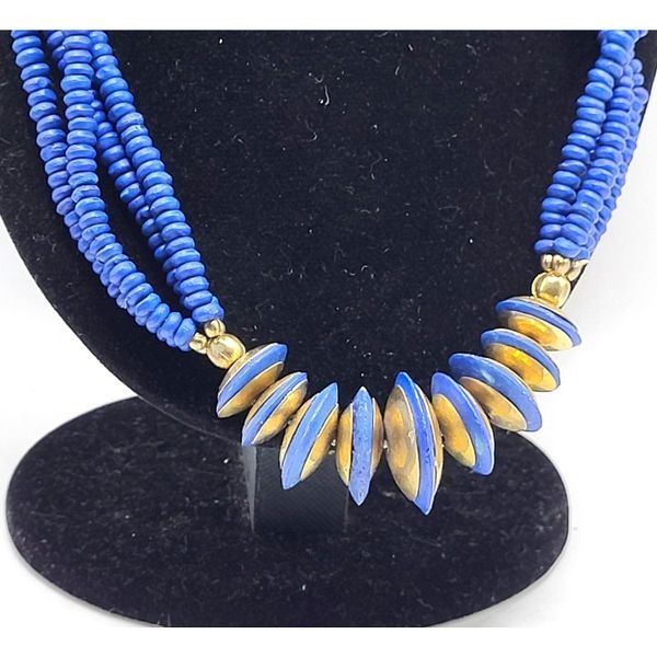 Brass and Wood Beaded Necklace Chunky Multistrand Ethnic 21in