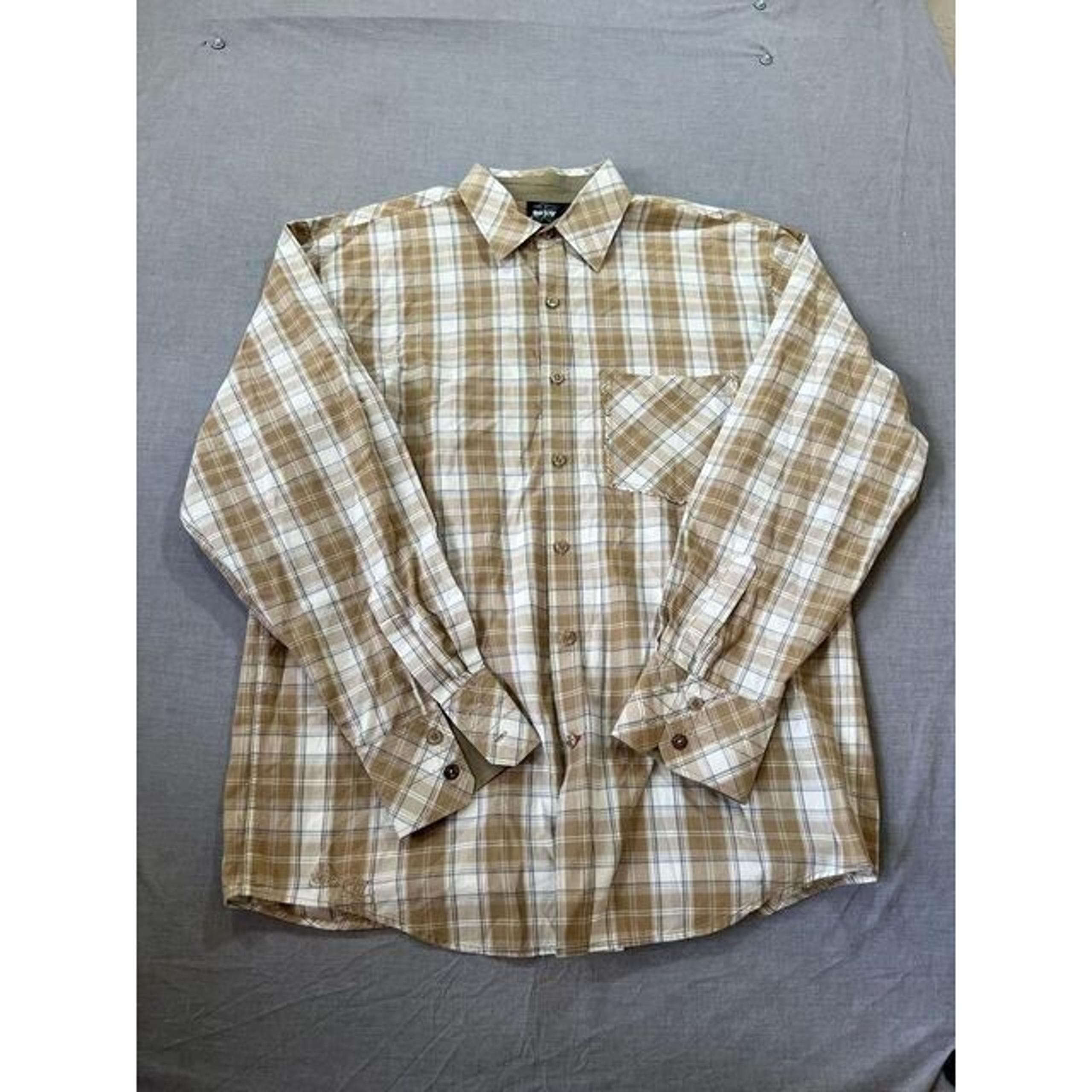 No Fear Button Up Shirt Adult Extra Large Beige Plaid Long Sleeve Casual Mens.