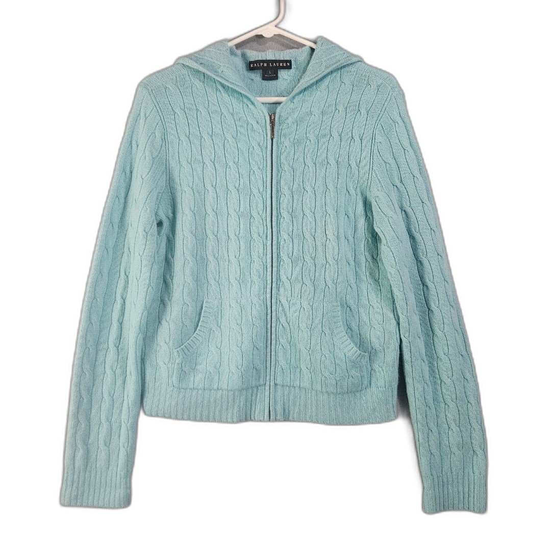 Ralph Lauren Black Label L Cashmere Cardigan Sweater Zip Robins Egg Blue Hoodie
