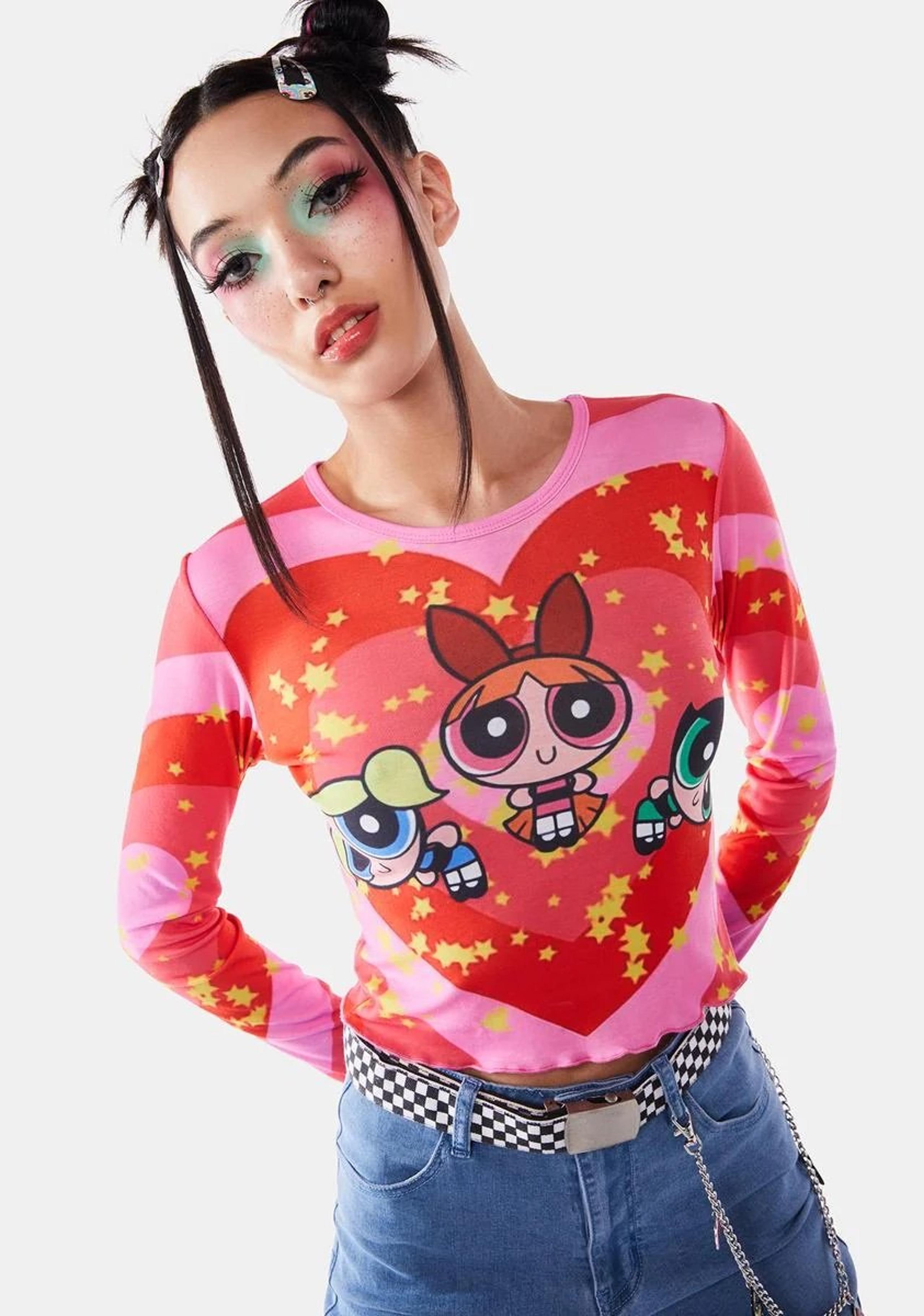 Dolls Kill x The Powerpuff Girls Heart Star Print Graphic Crop Top Long Sleeve
