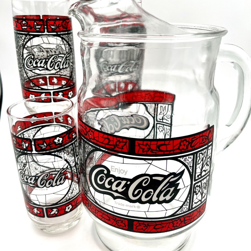 1970s Retro Vintage Coca-Cola Pitcher & 3 Glasses Set Stained Glass Style