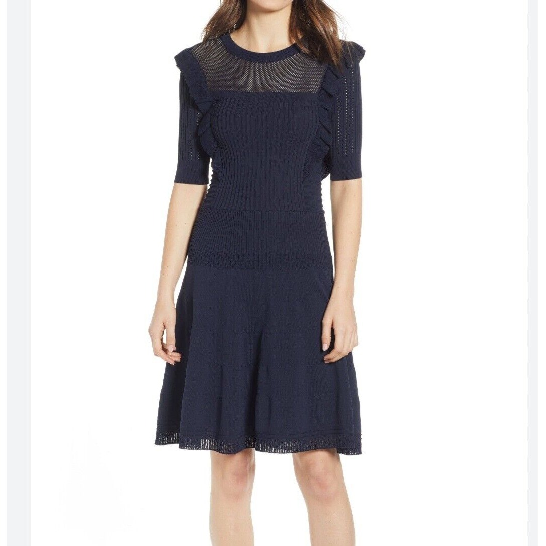 Scotch and soda pointellr ruffles dress navy blue size XS