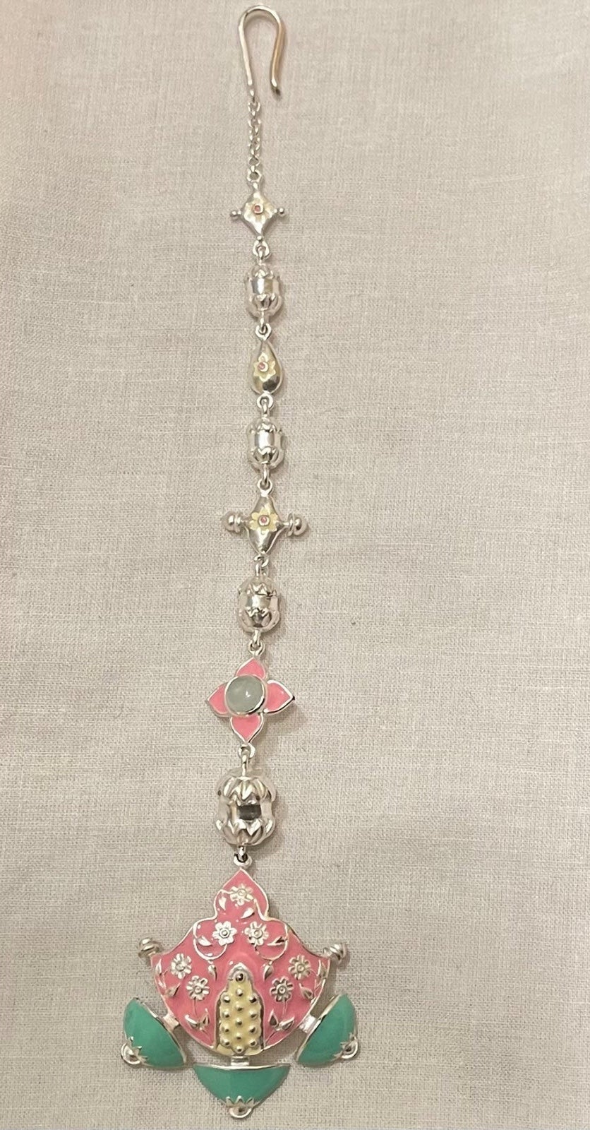 Headpiece pink green enamel /maang tikka 925 sterling silver/Tribe by Amrapali