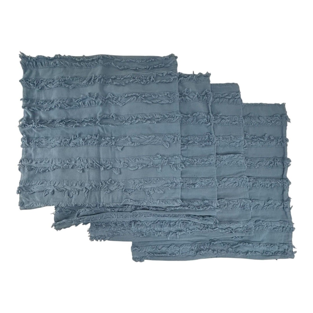 Set Of 4 Blue Boho Square 18” Throw Pillow Covers Cases Fray Fringed Zip Shabby