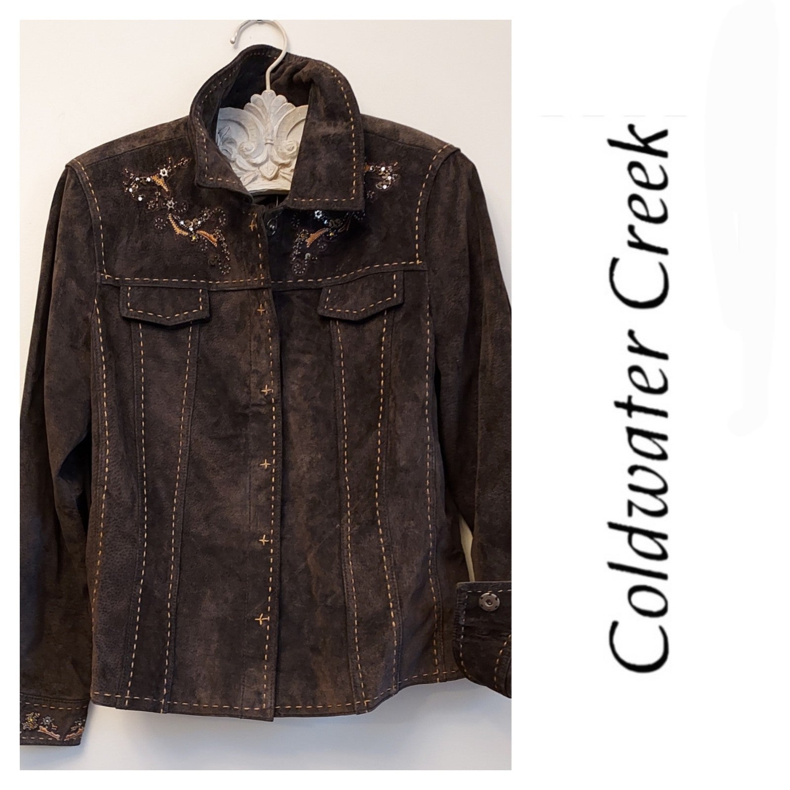 Coldwater Creek Brown Suede Beaded Embellished Jacket Large