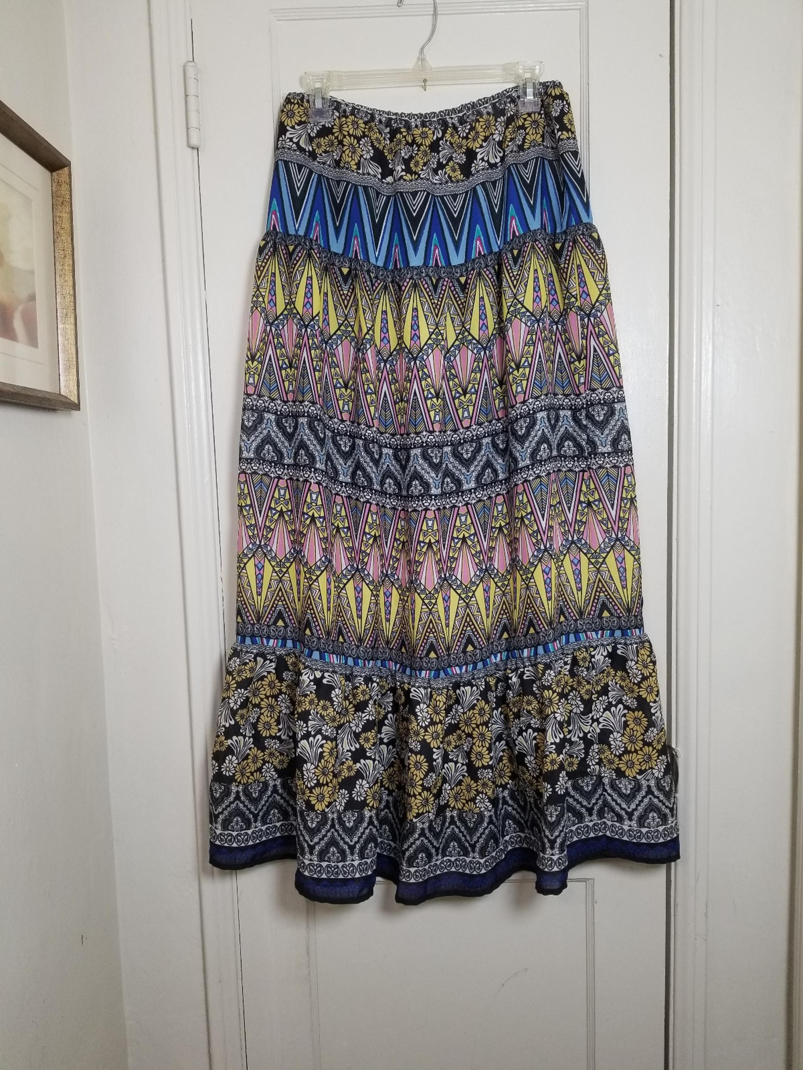 BISOU BISOU tiered boho peasant multicolored lined maxi long skirt S
