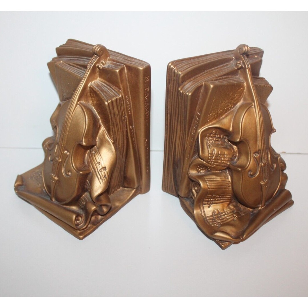 VTG Universal Statuary Corp Pair of Gold Bookends Violin MCM 1964 Musical Decor