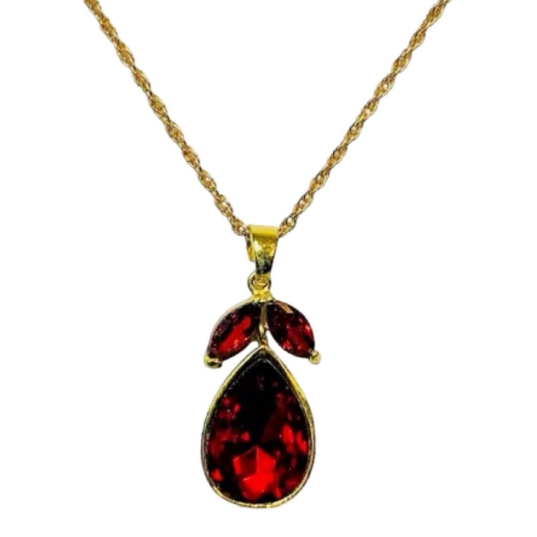 Vintage Red Rhinestone Pear Pendant Necklace 24 Gold Tone